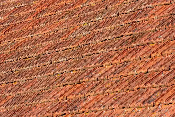 Close-up view of textured terracotta roof tiles with sunlight highlighting details.